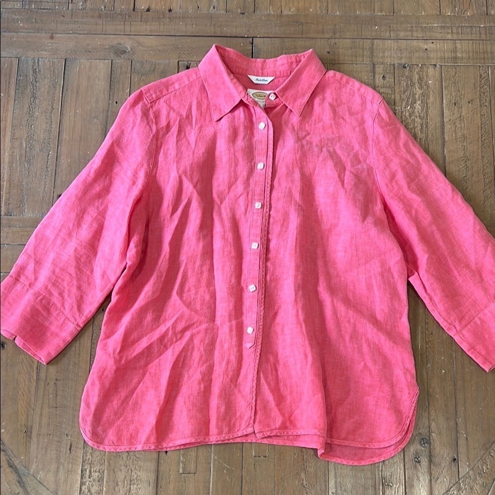 Talbots washed red 100% linen 3/4 sleeve button down shirt size 16
